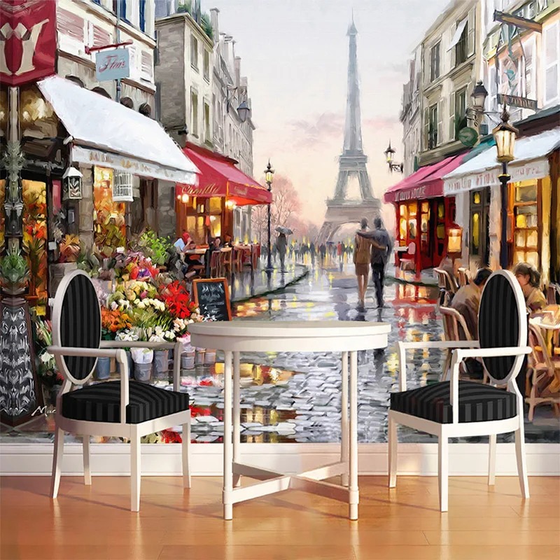 Street Fashion Wallpaper - ภาพวาดสีน้ำมันแนวถนนสไตล์ยุโรป ภาพถ่าย 3 มิติ ทิวทัศน์ดอกไม้ คาเฟ่