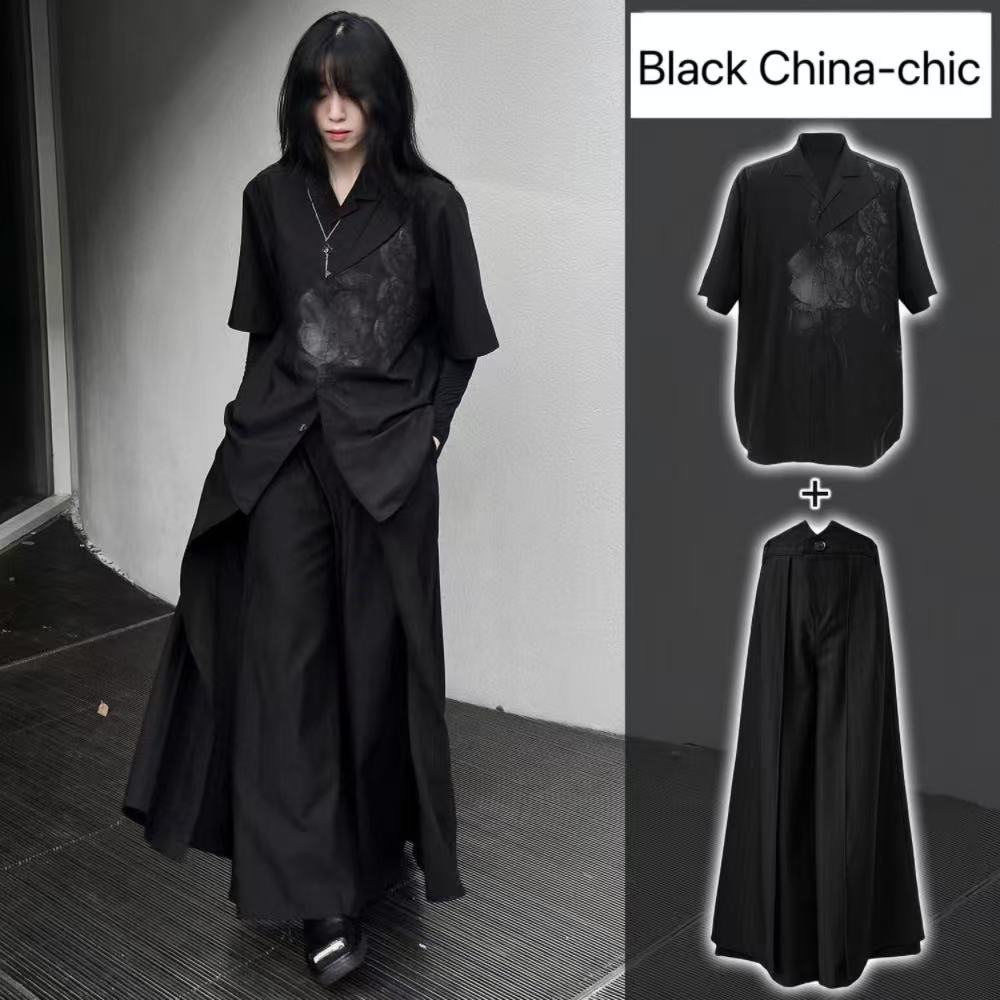 Street Fashion Outfit For Men - Cool สีดําใหม่สไตล์จีนเครื่องแต่งกายฤดูร้อนแขนสั้นเสื้อ Bisex Casual Street ชุด
