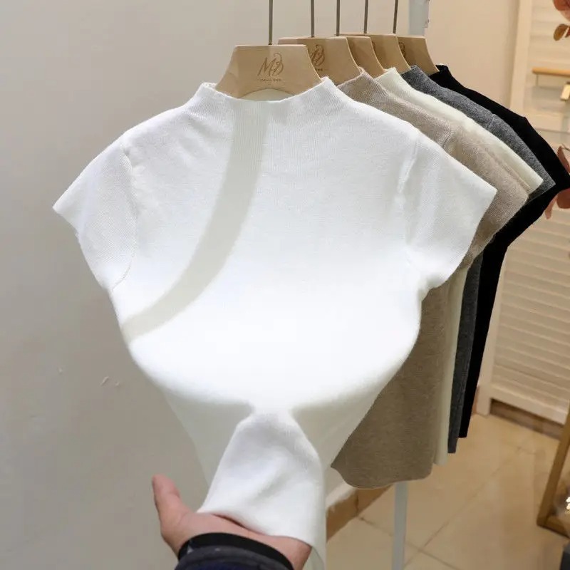 Korean Street Fashion Female - เสื้อไหมพรมคอเต่าครึ่งตัวสำหรับผู้หญิง แฟชั่นพื้นฐาน แขนสั้น ทรงเข้ารูป สไตล์เกาหลี เสื้อถักสำหรับฤดูร้อน