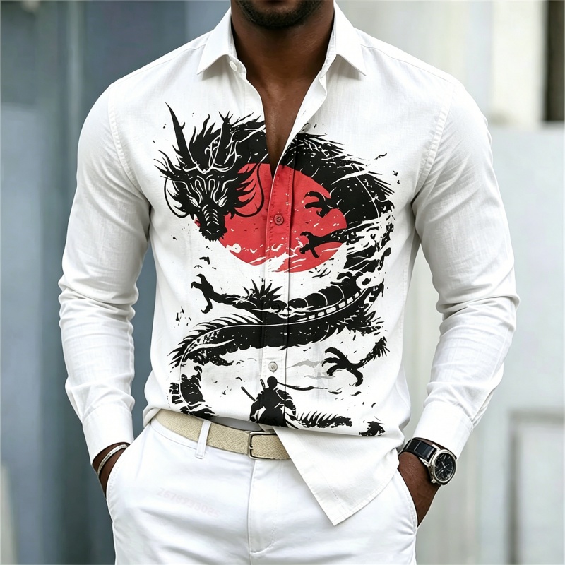 Street Fashion Style - เสื้อเชิ้ตผู้ชายลายมังกรสีขาวดำแดงตัดกัน รุ่นใหม่ปี 2026 สไตล์สตรีทแฟชั่นลำลองธุรกิจ แขนยาว เสื้อผ้าผู้ชาย