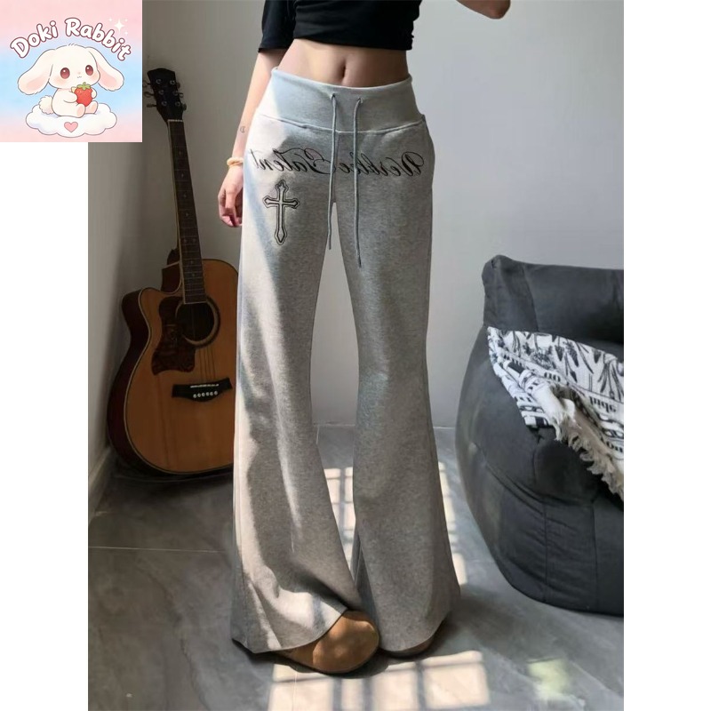 Korean Street Fashion Female - กางเกงแฟชั่นเกาหลีทรงขากว้างเอวสูงลายพิมพ์รูปกากบาท สไตล์ Y2K ทรงเข้ารูปแนบเนื้อ ลุคกอธิคสีเข้มสำหรับผู้หญิง
