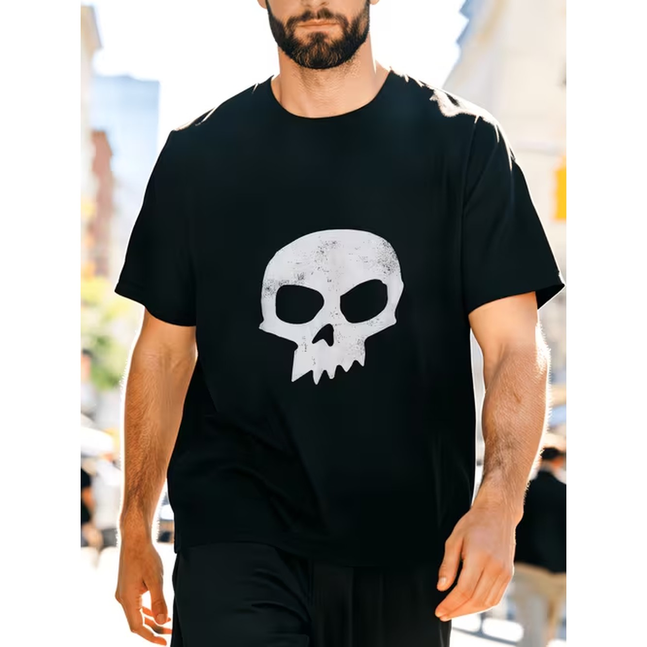 Street Fashion Outfit For Men - เสื้อยืดสีดำพิมพ์ลายหัวกะโหลกสำหรับผู้ชาย ผ้าฝ้าย 100% เสื้อคอกลมนี้สามารถซักด้วยเครื่องได้และทนต่อการซีดจาง เป็นเสื้อลำลองที่สวมใส่สบาย เหมาะสำหรับชุดวันหยุดประจำวันของครอบครัวและสไตล์แฟชั่นแนวสตรีท