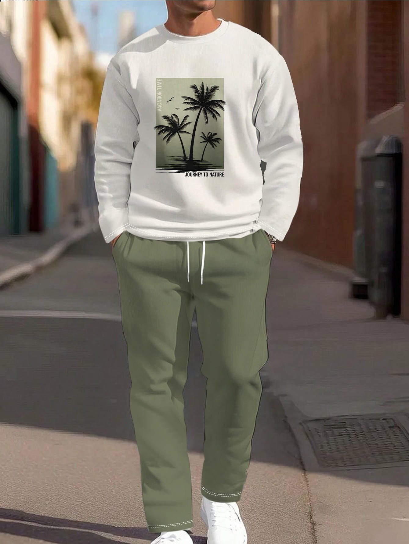 Street Fashion Style - 2026 ฤดูใบไม้ร่วงสไตล์ใหม่สตรีทแฟชั่นลำลองนุ่มสบาย 3D ลายต้นมะพร้าวพิมพ์ลายผู้ชายแขนยาวชุดกางเกงขายาว