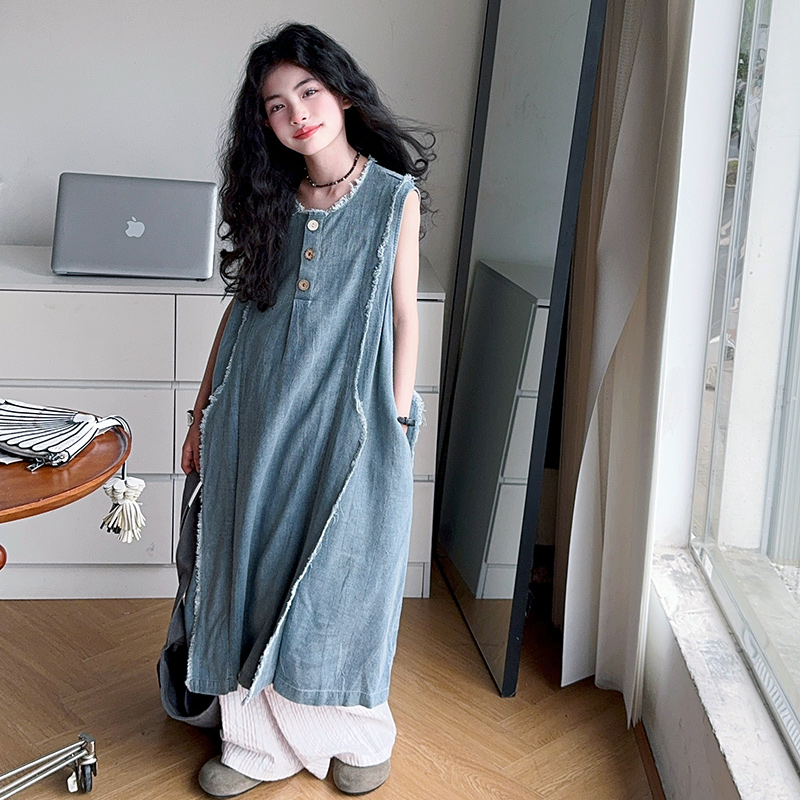 Girl Fashion Street - สไตล์หลวมเด็กหรูหราฤดูร้อน DENIM ชุดเดรสสําหรับวัยรุ่นสาวแฟชั่น Street ชุดเด็กสบายๆกางเกงยีนส์ชุด