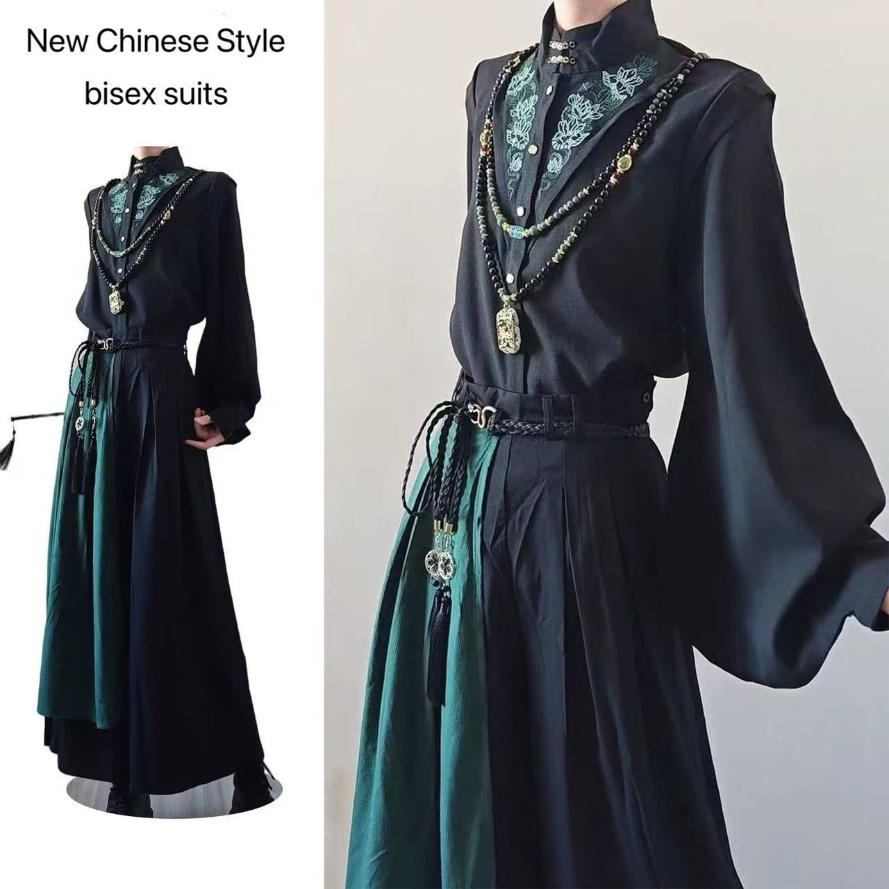 Street Fashion Outfit For Men - ชุดสูทสไตล์จีนใหม่สำหรับผู้ชายและผู้หญิง สีดำ ปักลาย ชุดเสื้อและกางเกง แฟชั่นแนวสตรีท Y2K