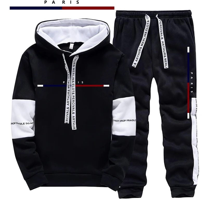 Street Fashion Outfit For Men - ชุดแฟชั่นพารีสสำหรับผู้ชาย/เสื้อฮู้ด/กางเกง ชุดลำลองสำหรับฤดูใบไม้ร่วง ชุดกีฬาใส่วิ่งจ๊อกกิ้ง สไตล์สตรีทแฟชั่นเมือง ชุดเสื้อสเวตเตอร์และกางเกงขายาว